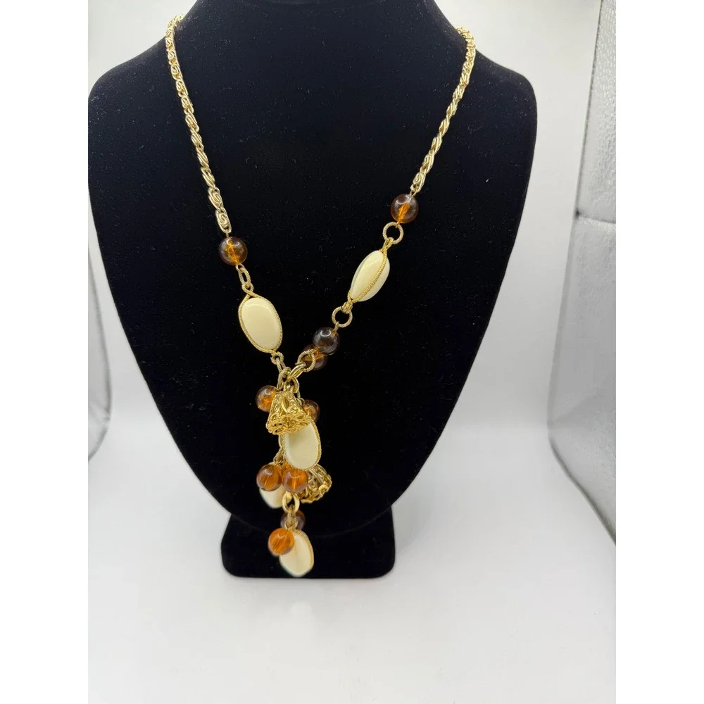 Vintage Gold Tone‎ Cream Amber Bead Tassel Statement Necklace Filigree Bell 28
